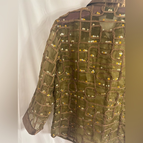 90’s VTG Satin Sequin Semi Sheer Textured Brown Gold Women’s Button Down Size M - Picture 13 of 14
